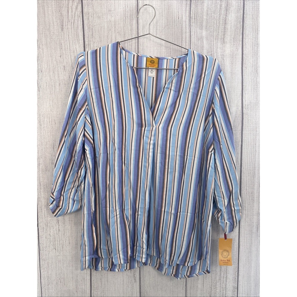 Ruby Rd Top Womens 1X Plus Ivory Blue Coral Stripe Tunic Blouse V-Neck Pleated